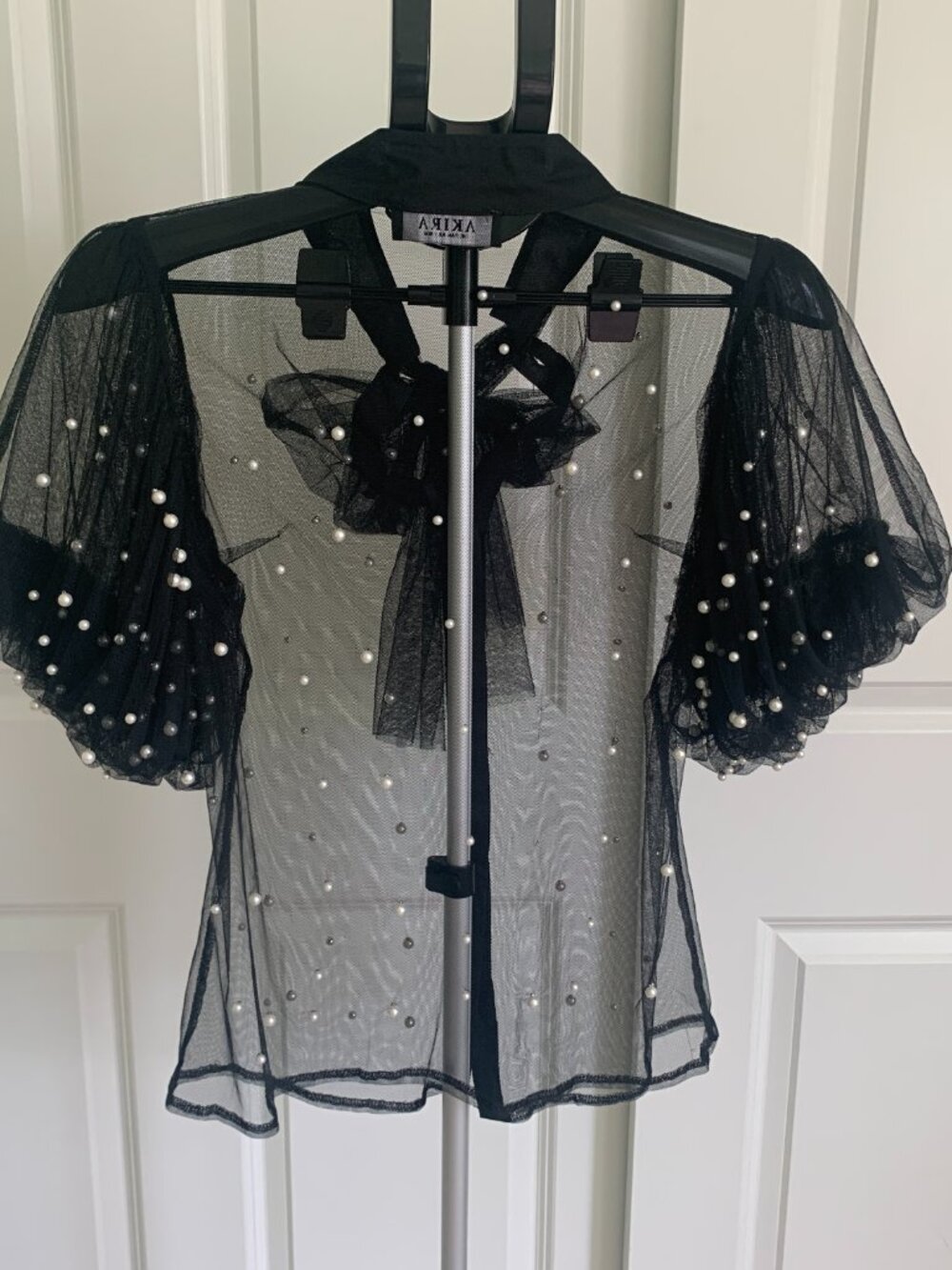 Akira Black Sheer Pearl Mesh Blouse Women’s Size L Puff Sleeve Tie Neck Top